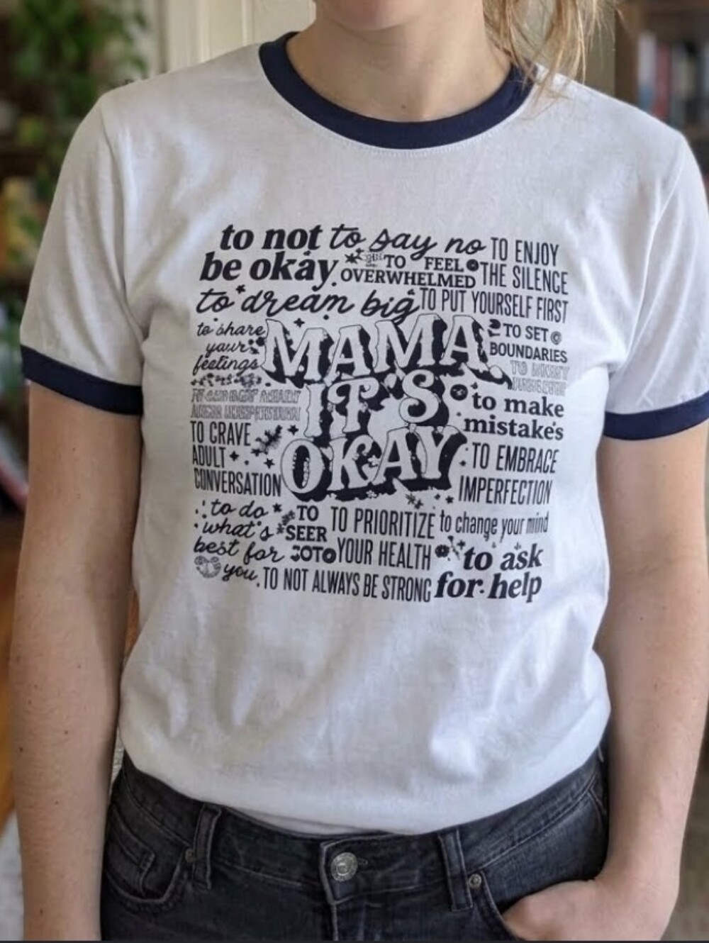 Tultex White Ringer Tee with Navy Print - Mama It's Okay